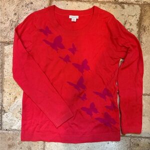 Garnet Hill Red Sweater with Purple Butterfly Design